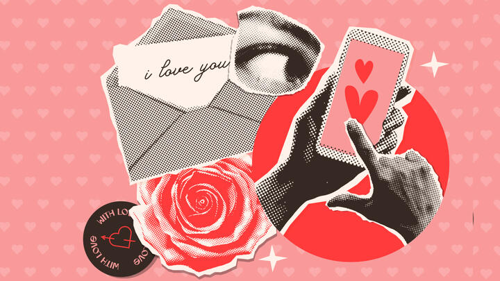 Valentine's Day Gift Guide for men A collage showing hands holding a phone with hearts on screen, open letter, a rose, and an eye on a pink surface